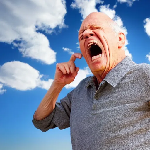 Old man shakes fist at cloud Ace of spades anal plug